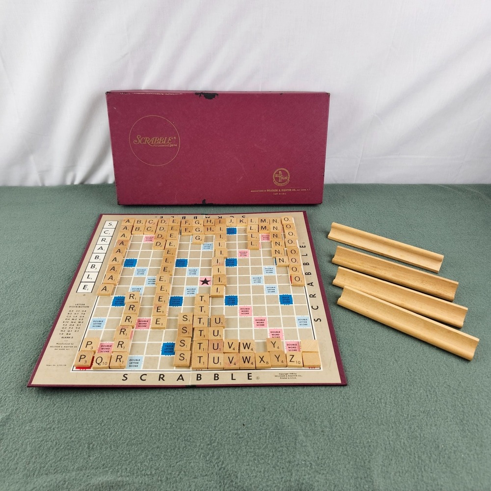 Vintage 1953 Scrabble Crossword Game Selchow & Righter Co Maroon Box Wood Tiles